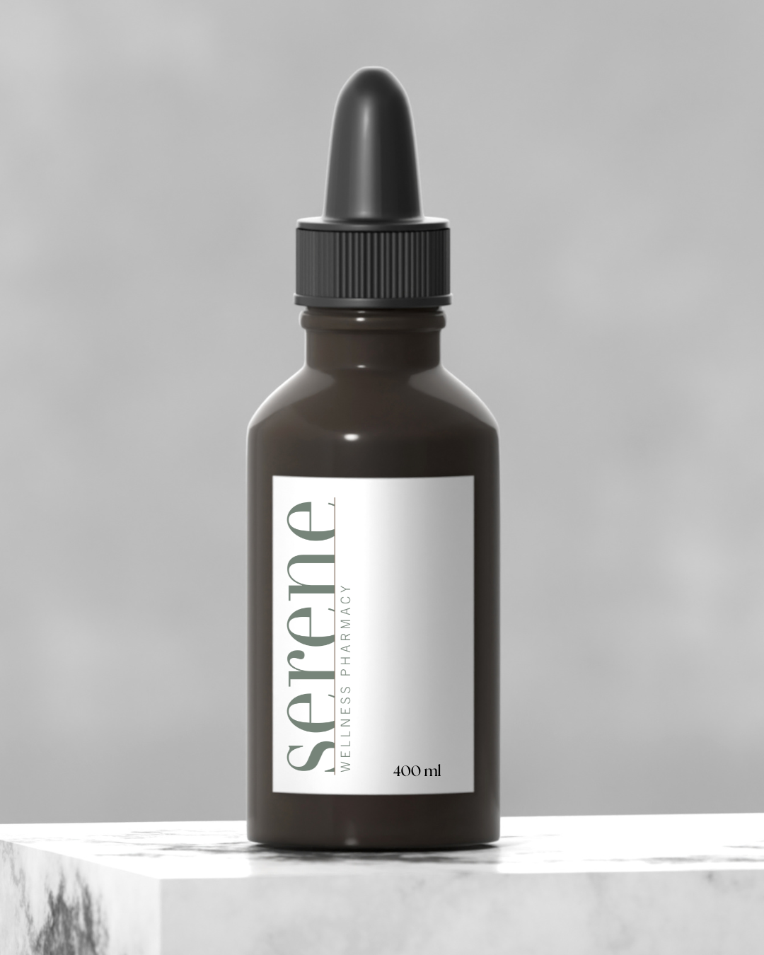 A dark brown dropper bottle labeled 'Serene Wellness Pharmacy' with a white background and a gray surface underneath.
