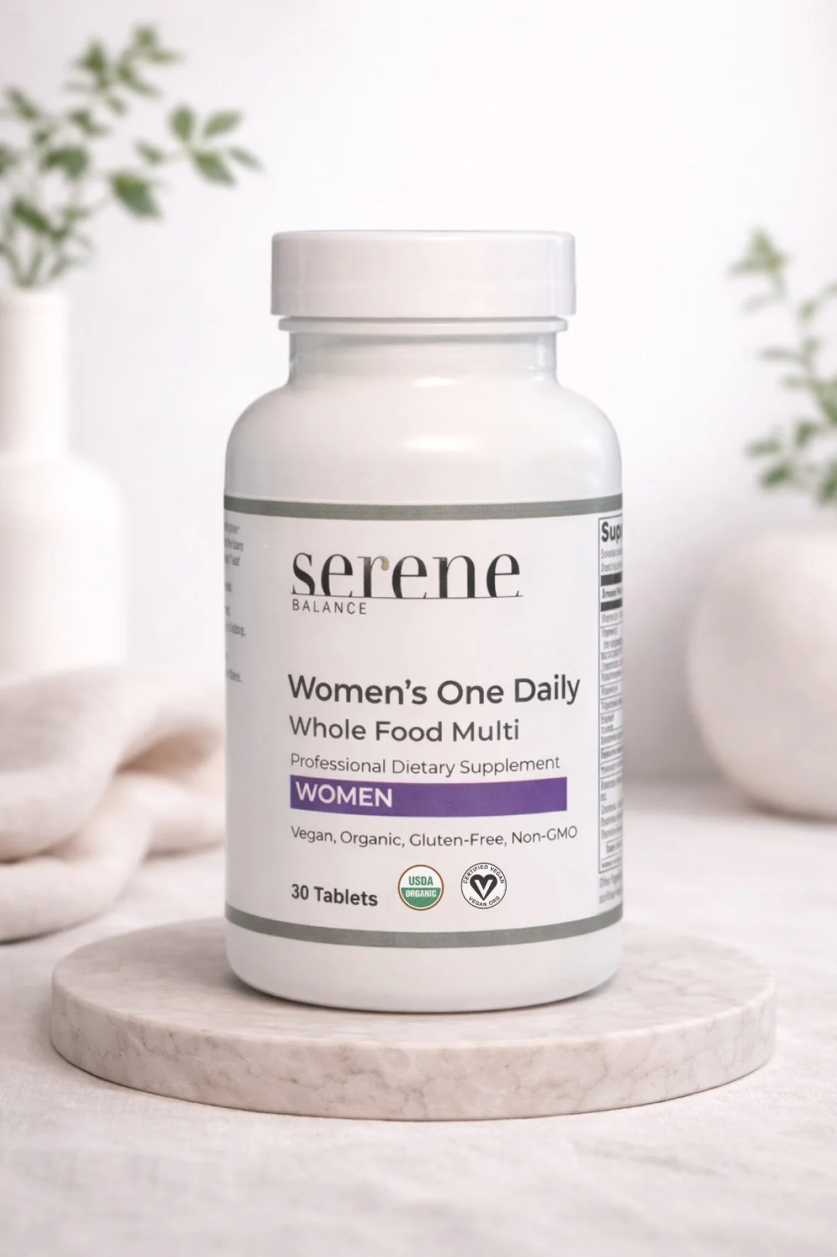 A white bottle of Serene Balance Women's One Daily Whole Food Multi dietary supplement with a white background and some green plants in the background.