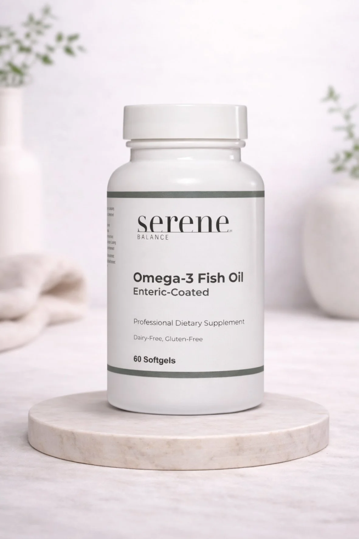 Bottle of Serene Balance Omega-3 Fish Oil supplements, enteric-coated, dairy-free, gluten-free, with 60 softgels, placed on a round marble stand, in a minimalistic setting with a white background and some green plants in the background.