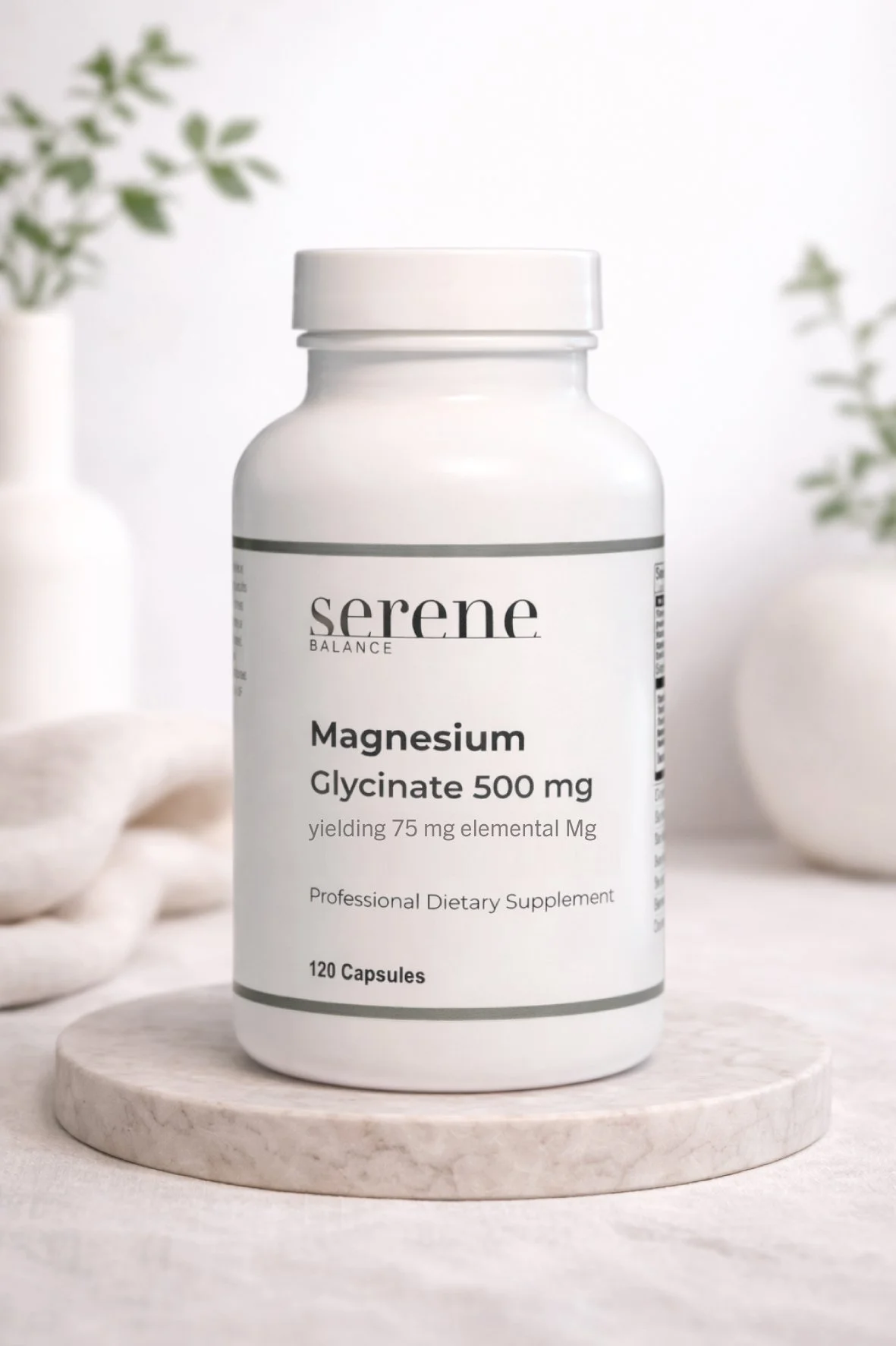 A white bottle of Serene Balance Magnesium Glycinate 500 mg dietary supplement with 120 capsules, placed on a marble coaster on a white surface, with blurred background of white vases and green plant leaves.