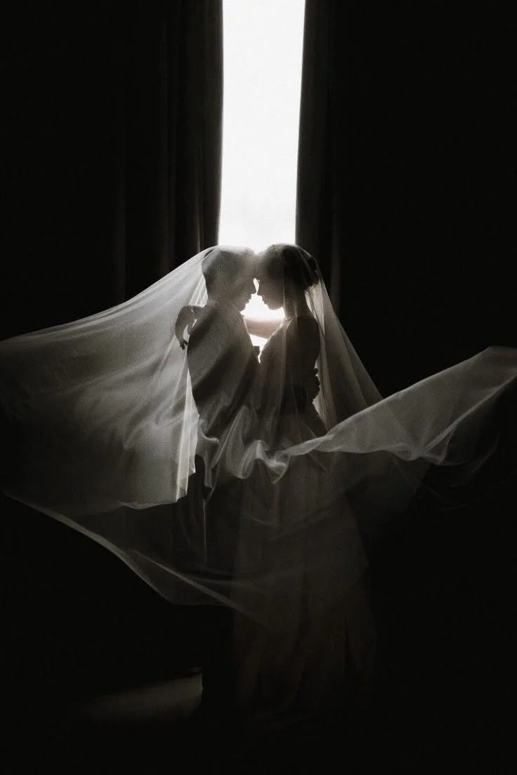 Silhouette of a bride and groom in front of a bright window, with the bride's veil flowing.