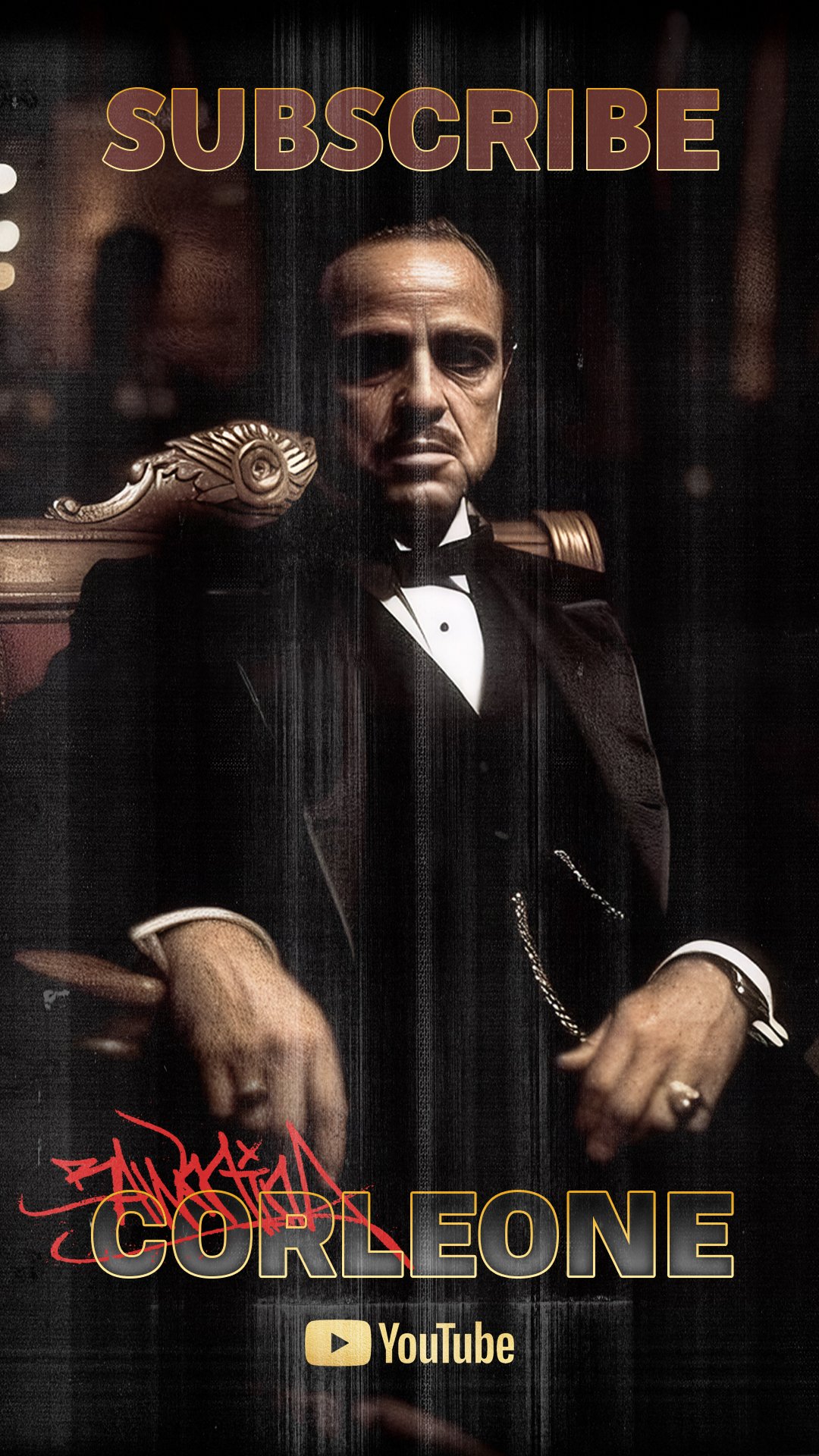 Poster of a man in a tuxedo sitting on a luxurious chair with a serious expression, with the text "SUBSCRIBE" at the top and "CORLEONE" at the bottom, promoting a YouTube channel.