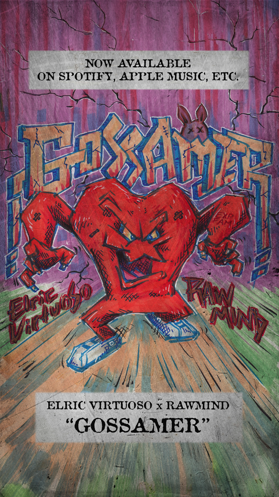 A colorful graffiti poster promoting a music release, featuring a stylized red creature with muscular arms, blue eyes, and a menacing expression, standing on a wooden floor with a purple background. The poster includes text about the release being available on platforms like Spotify and Apple Music, and features artist names Elric Virtuoso and Rawmind, with the title "GOSSAMER."