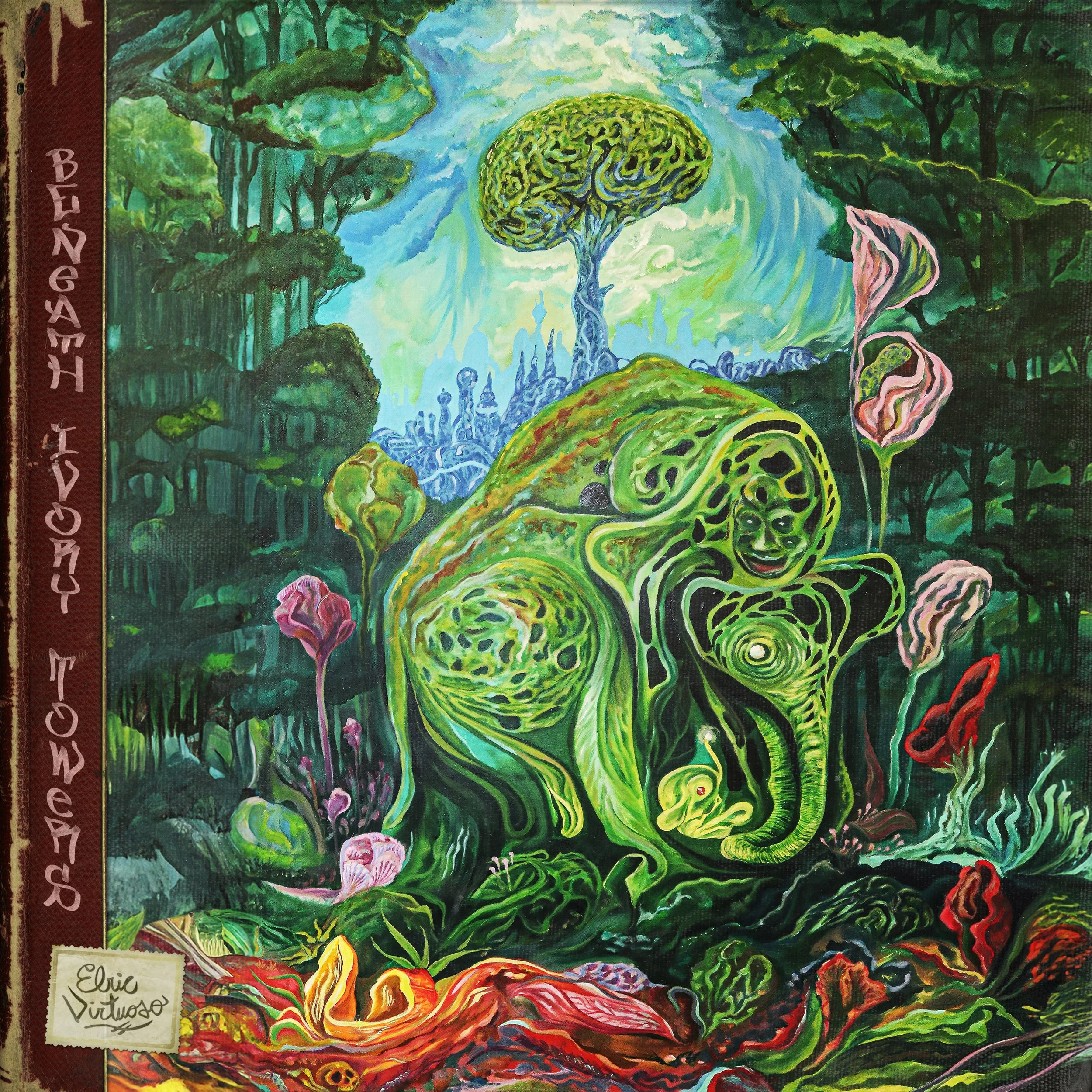 A surreal painting of a lush green jungle with a central massive, smiling, chameleon-like creature with swirling patterns on its body. A tree with an abstract, brain-like canopy grows atop a hill, and colorful flowers and plants surround the scene. The left side features a vertical maroon strip with the text 'BE NEGATIVE TO BE POSITIVE' and a small white label with the artist's signature, 'Elise Virtuoso.'