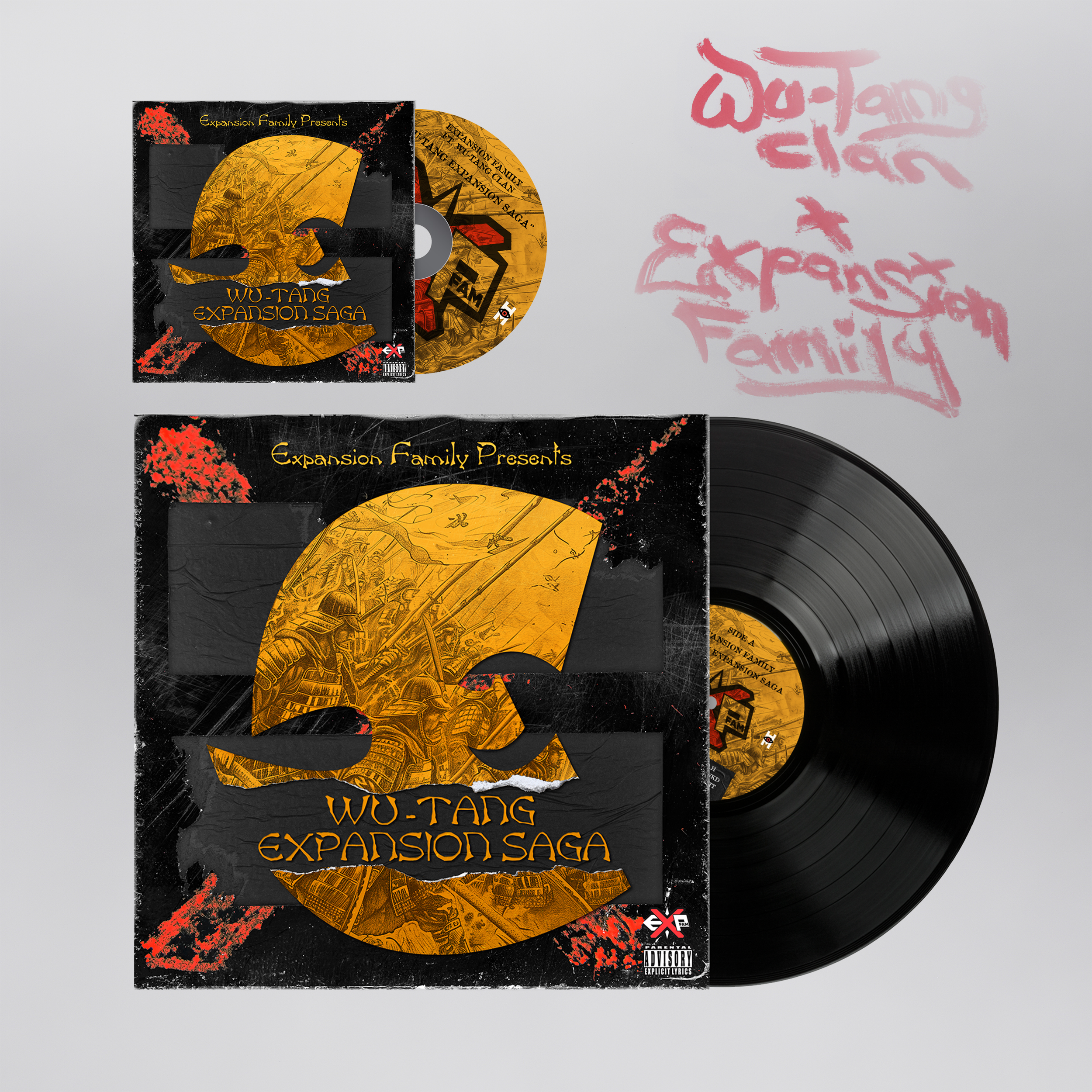 A vinyl record with a cover art and a CD of Wu-Tang Expansion Saga, presented by Expansion Family. The cover features a large orange Wu-Tang Clan logo with images of warriors and text on a black background, with a parental advisory label. A handwritten message in pink on the wall reads, "Wutang Expansion Family."