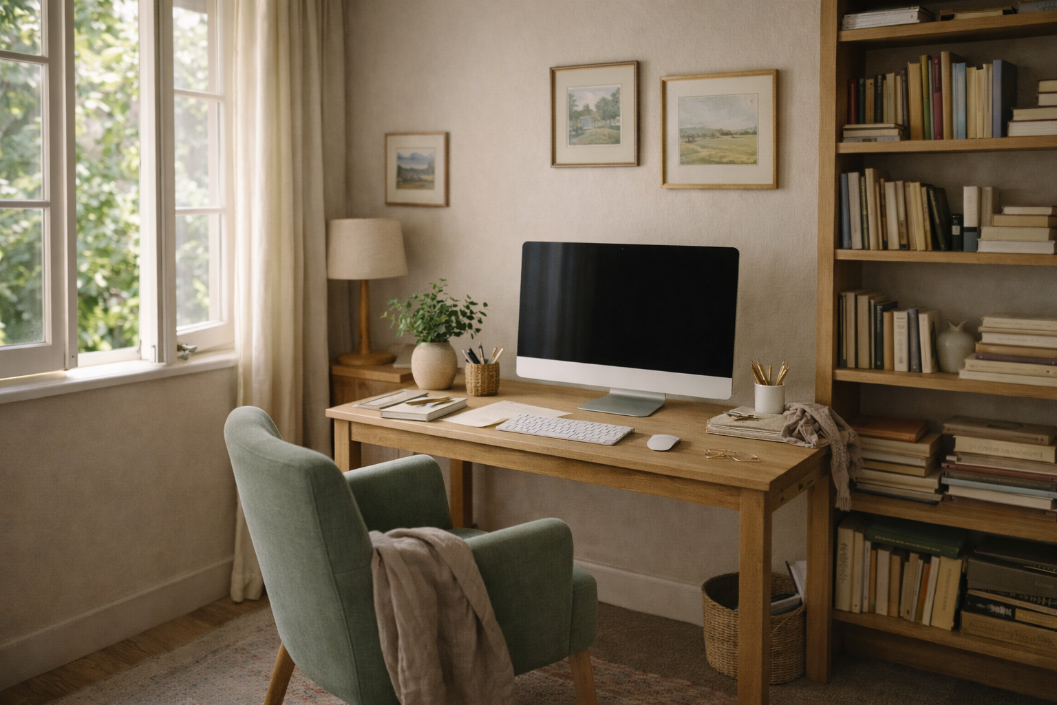 well-organized home office with a wooden desk, an iMac computer, a green upholstered chair with a beige cloth, a bookshelf filled with books, a lamp, a potted plant, and framed landscape artwork on the wall near a window with curtains.