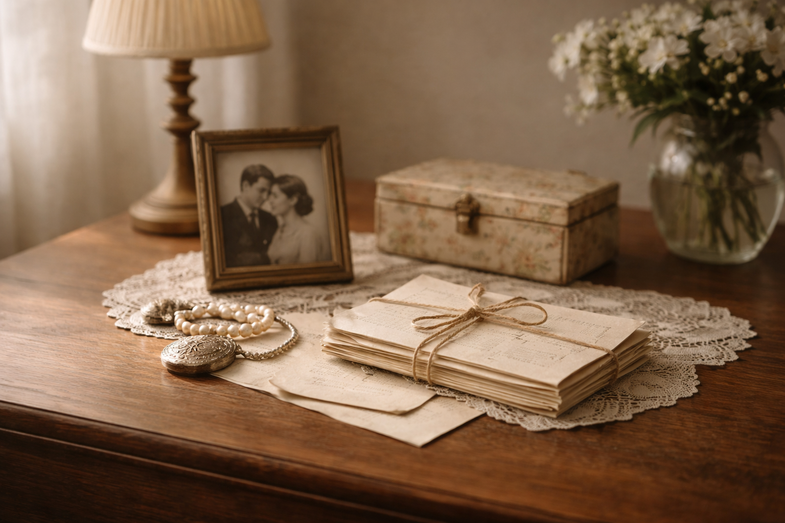 Vintage wedding photo, wedding ring box, pearl necklace, and handwritten letters on a lace doily on a wooden dresser, with a table lamp, floral box, and vase of white flowers in the background.