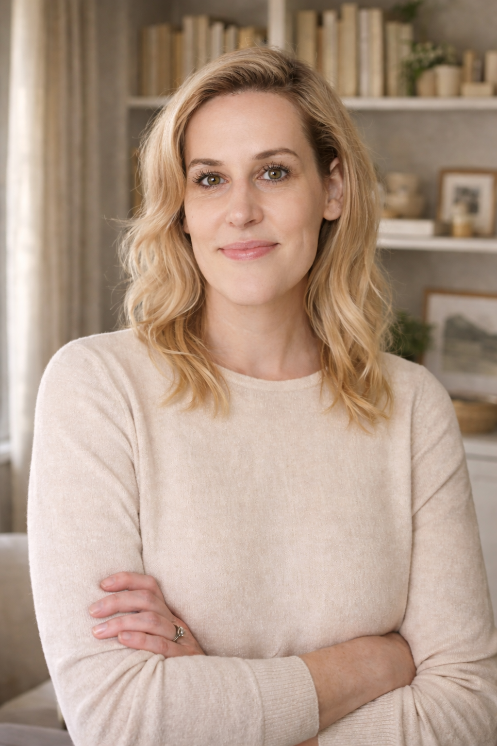 A woman with shoulder-length blonde hair and green eyes, smiling with her arms crossed, stands in a cozy room with a bookshelf and framed pictures in the background.