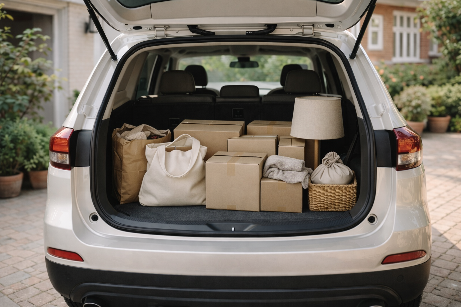 The open trunk of a white SUV filled with moving boxes, a lamp, a basket, and bags, parked in a driveway with a house and potted plants in the background. It appears as if the car is headed to Goodwill or another donation drop-off.