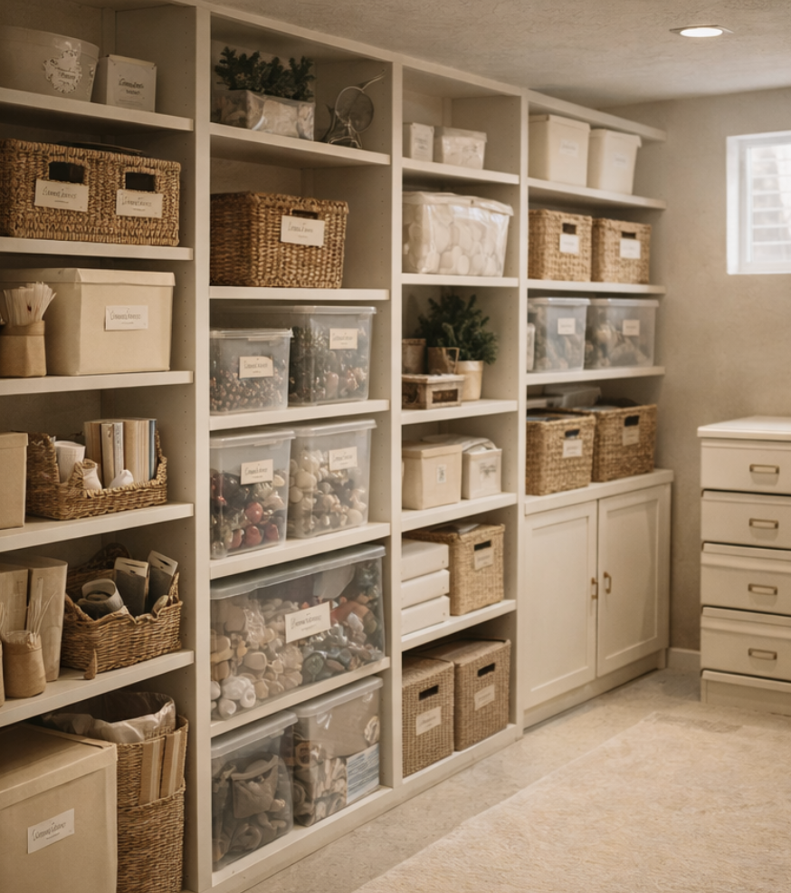 A well-organized basement craft room with white shelves storing various labeled containers, baskets, and craft supplies, with some natural light coming through a small window.
