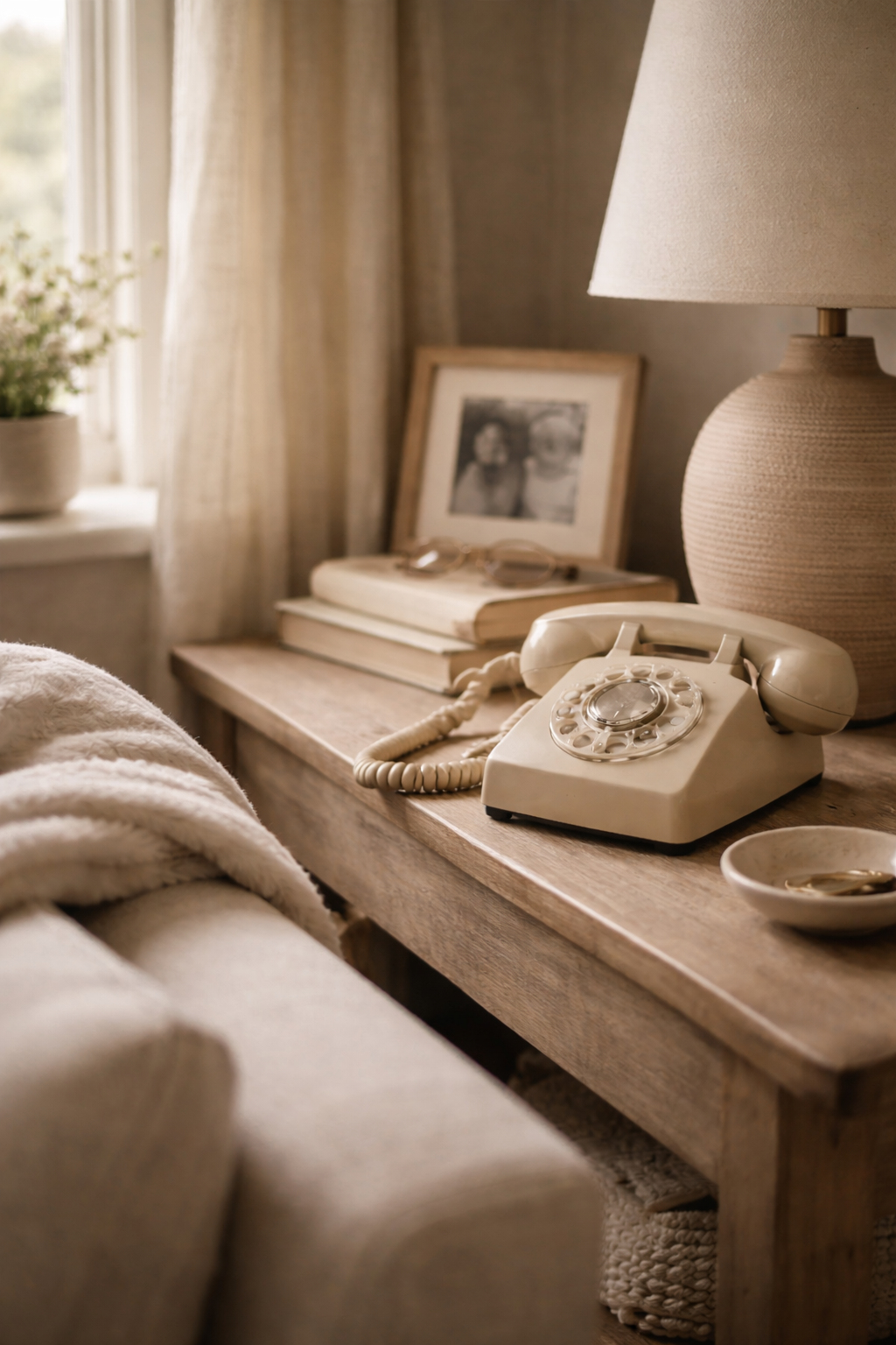 A vintage cream-colored rotary telephone on a wooden side table, with a framed black and white photo, books, glasses, and a ceramic lamp in a cozy, softly lit room.
