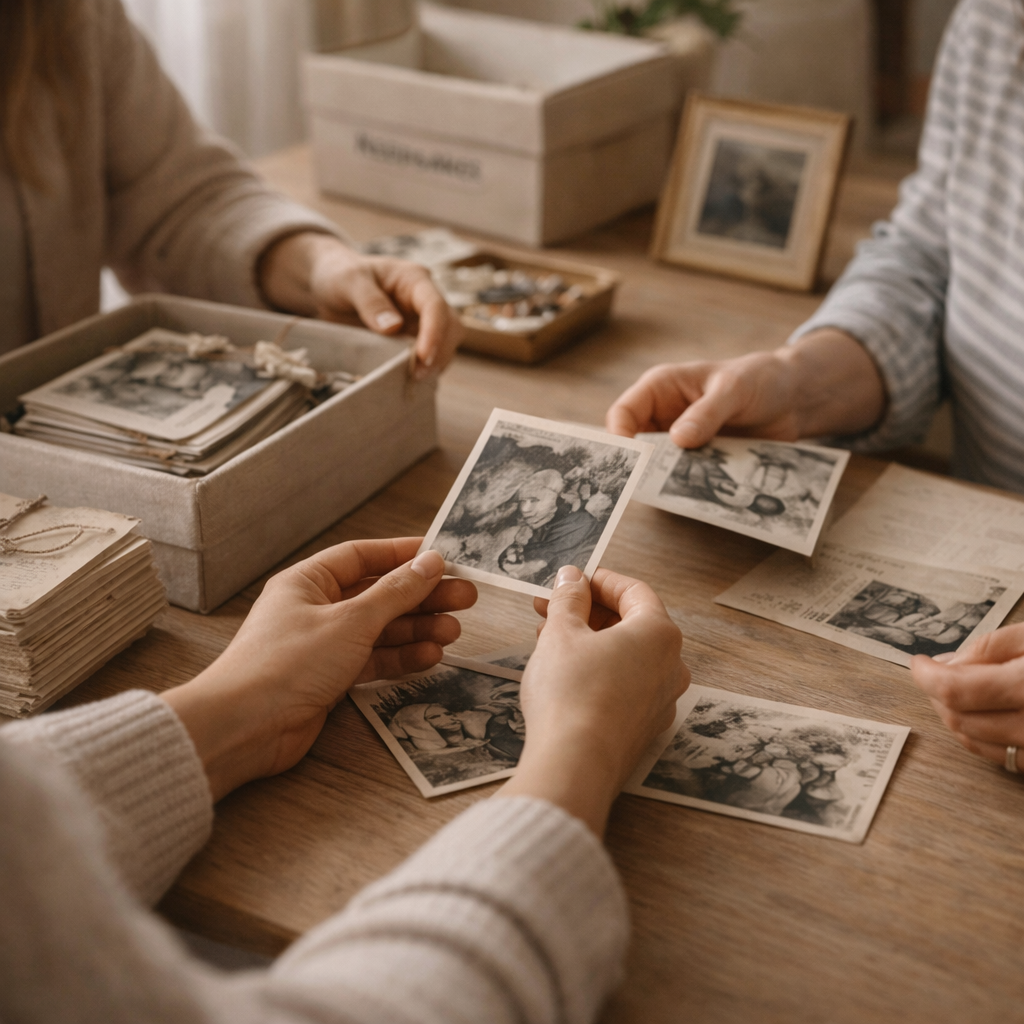 People are sitting at a wooden table, sorting through and organizing old black-and-white photographic prints and negatives, with a box of photos and a framed picture on the table.