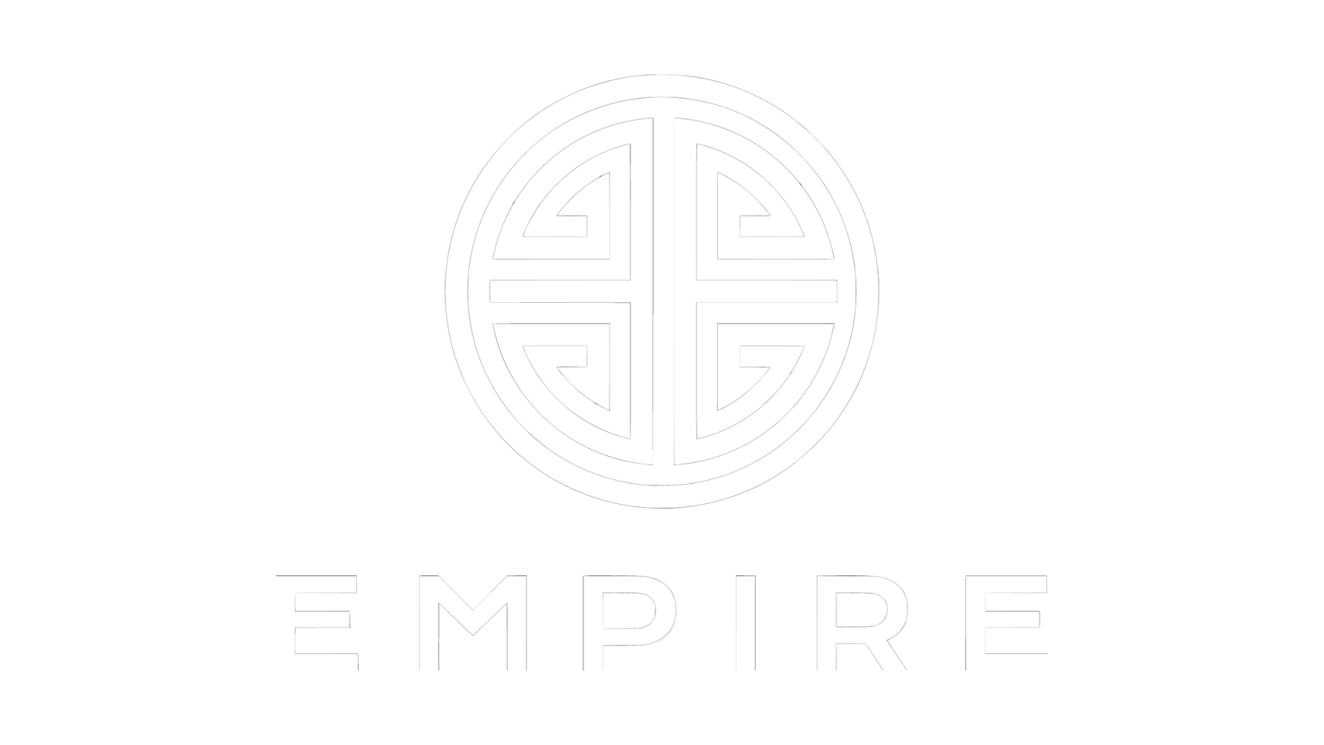 Black background with a white circular logo featuring intricate geometric patterns, and the word 'EMPIRE' written in white capital letters below.