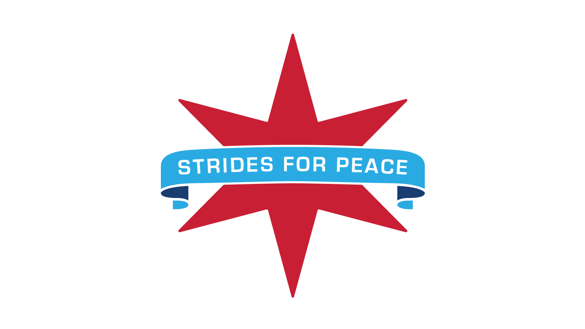 A logo featuring a red star with a blue banner across the middle that reads 'STRIDES FOR PEACE'.