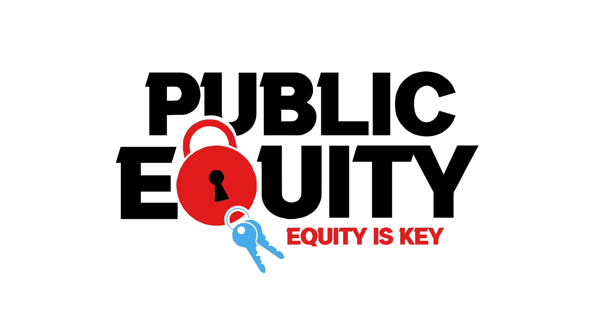 Graphic with the words 'Public Equity' in bold black font, a red padlock and a blue key, and the phrase 'Equity is Key' in red, emphasizing the importance of equity.