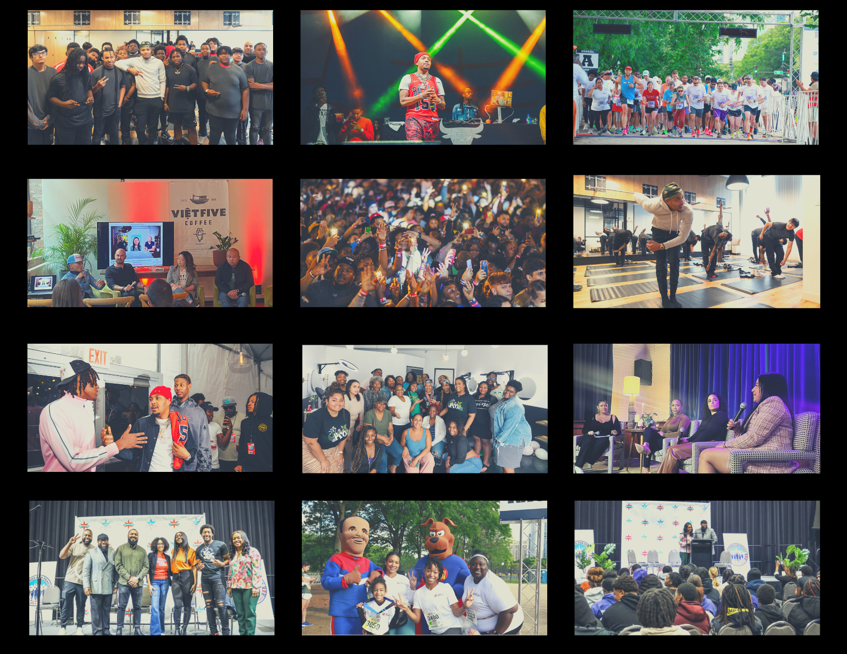 A collage of twelve photos depicting various community events: top row shows groups of people and a DJ performing at an outdoor run; second row includes a panel discussion, a large crowd at a concert, and a person leading a yoga stretch class; third row shows people in conversation outdoors, a group photo at an indoor event, and women participating in a panel discussion; bottom row has a group photo, a family at a walk event with mascots, and a speaker at a conference.