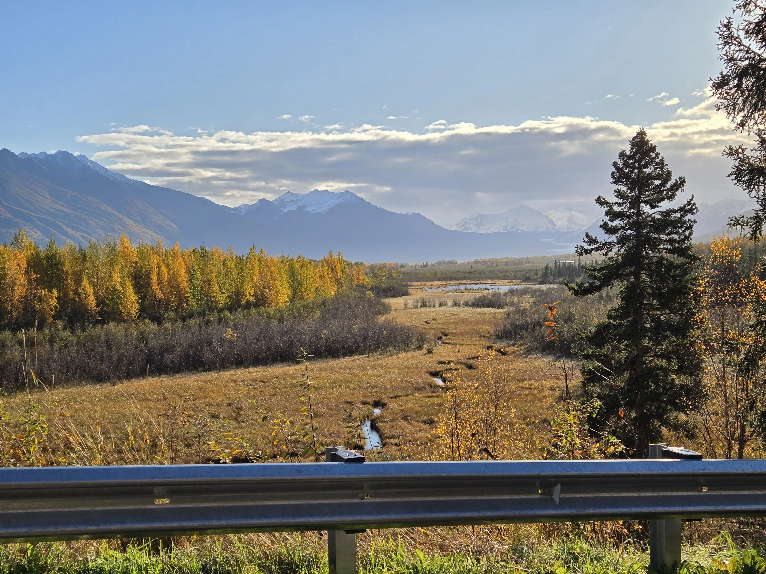 Scenic view of autumn landscape with colorful trees, a small stream, and distant snow-capped mountains under a partly cloudy sky.
