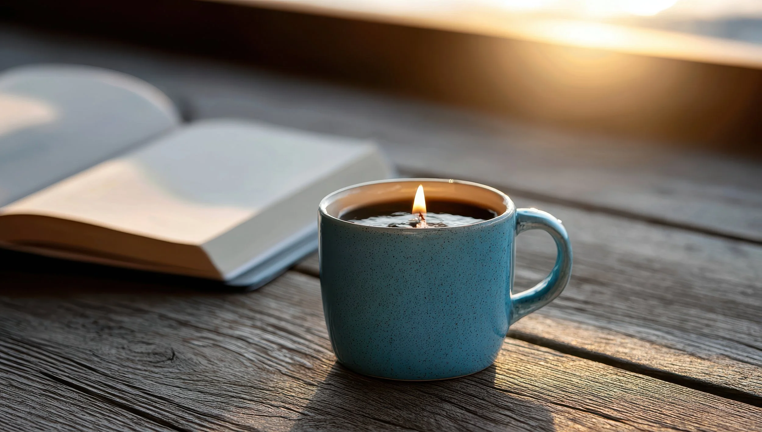 A blue mug filled with a hot beverage and a lit candle wick floated on top, placed on a wooden surface with an open book in the background and soft sunlight.