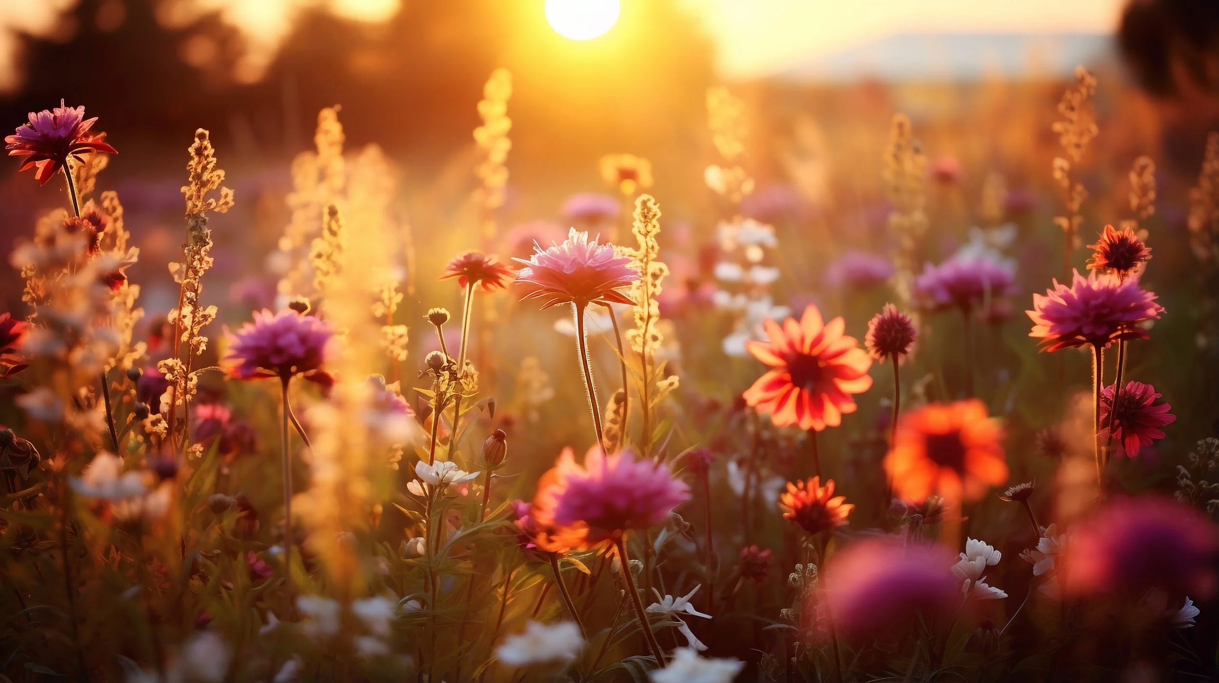 A field of colorful wildflowers at sunset with the sun low in the sky, creating a warm glow and soft light on the flowers.