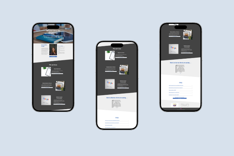 Three cellphones with scrolling images of a sample website for a copywriter/website designer called The Wright Words