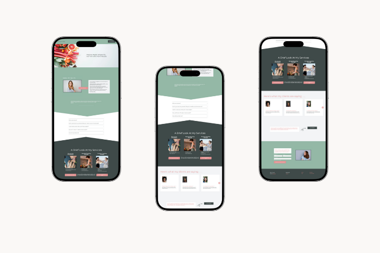 Three cellphones with scrolling images of a sample website called The Macro Way