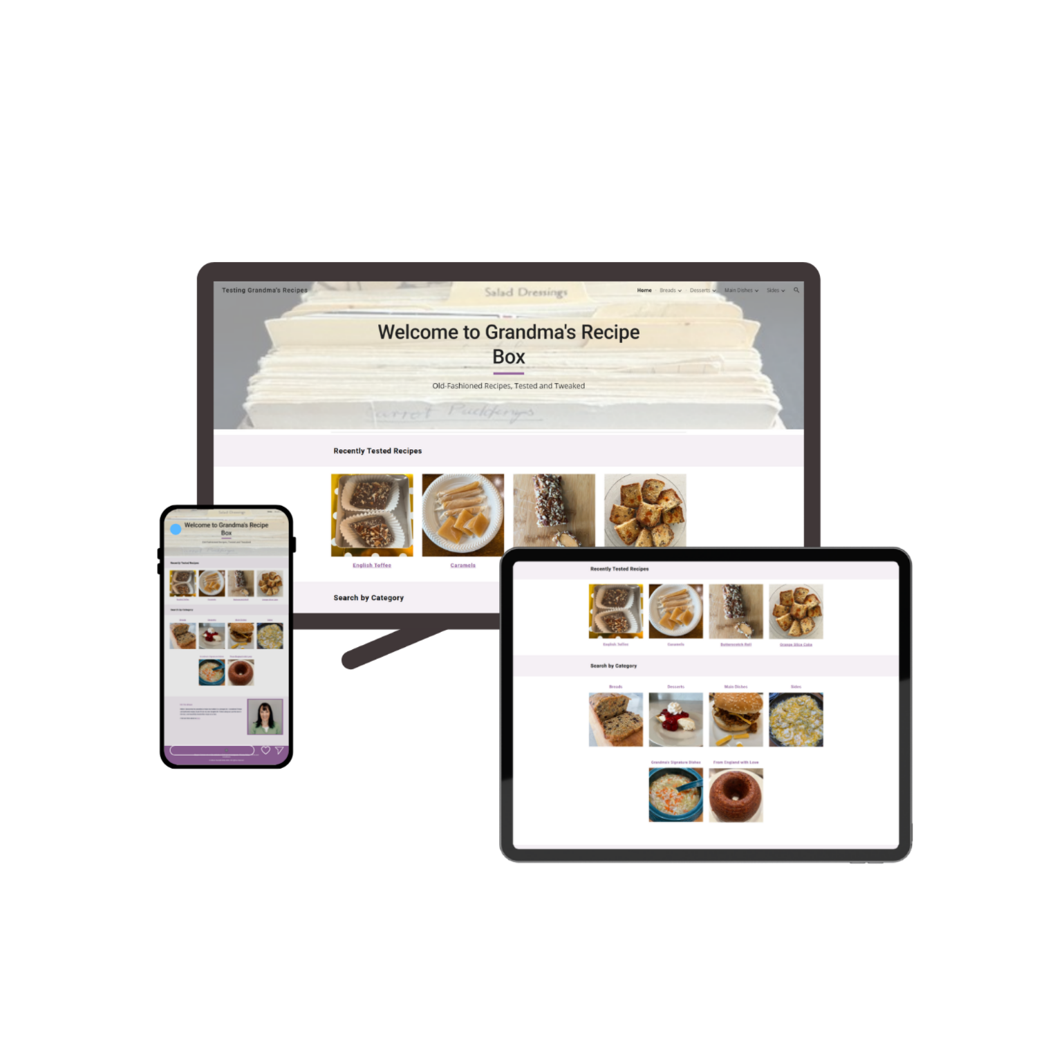 Multiple electronic devices displaying a website called Grandma's Recipe Box with images of baked goods and desserts.