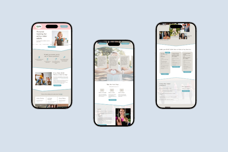 a mockup of three cell phones with the website for Prime BASE Fitness on the screen