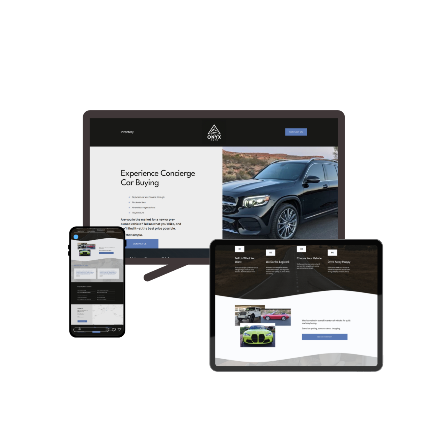 A website mockup for the Onyx Auto website, which shows images of the website on a computer, tablet, and a phone.