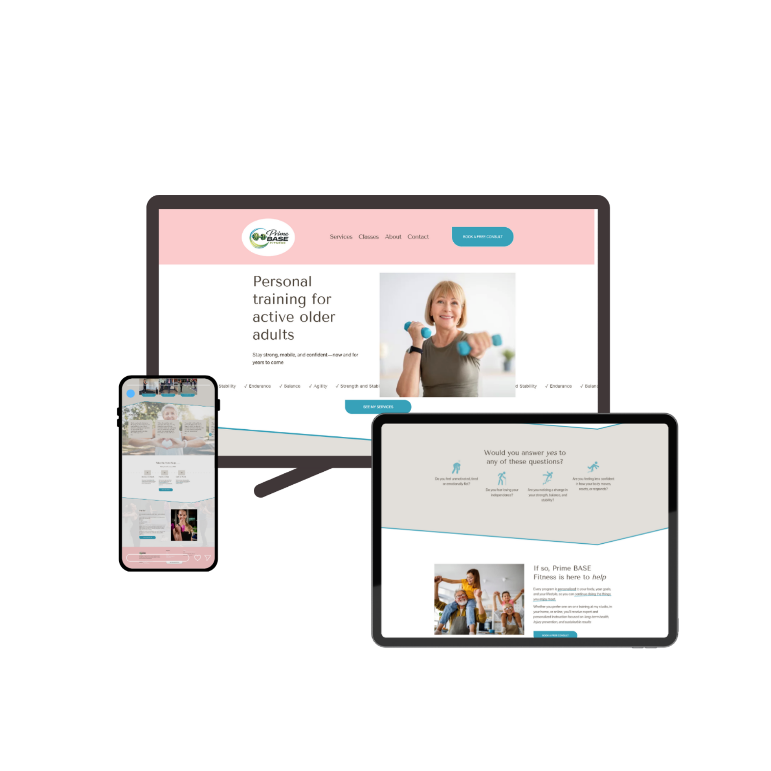 A website mockup for the Prime BASE Fitness website, which shows images of the website on a computer, tablet, and a phone.