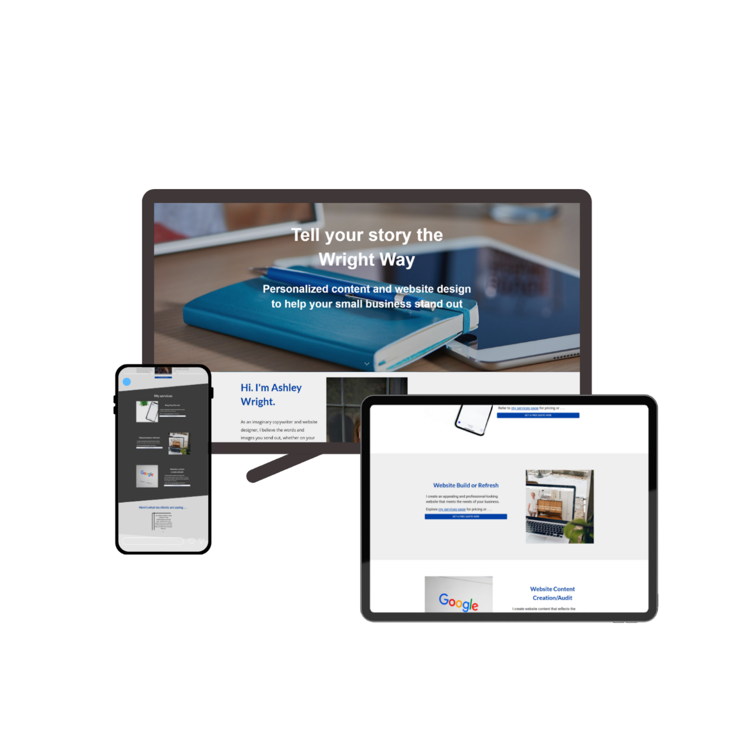 Digital marketing website displayed on a laptop, tablet, and smartphone showing content about website design, content creation, and small business branding.