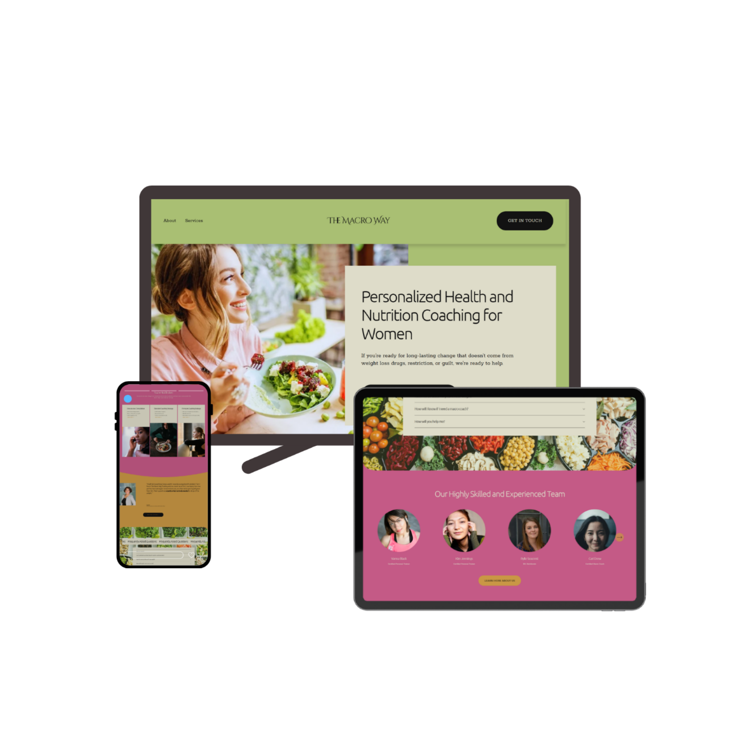 an image of three screens, phone, computer, and tablet showing the sample website The Macro Way. The website colors are pink, spring green, orange, and beige. The photos are also vividly colorful