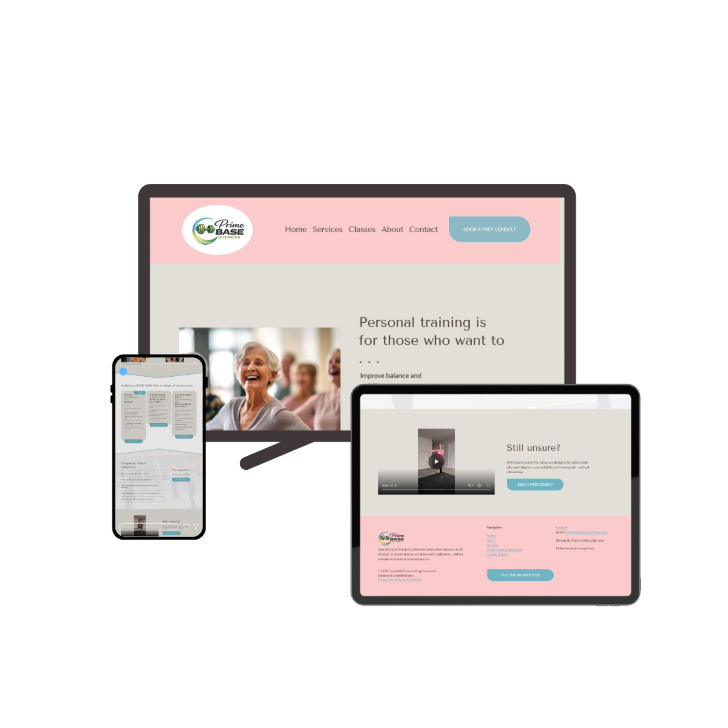 Images taken from the Prime BASE Fitness website show different sections of the homepage, which is for Personal Training for older adults