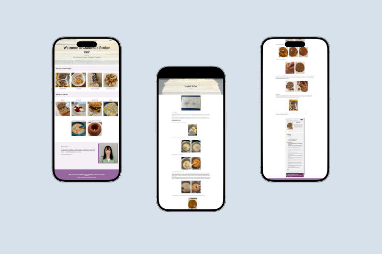 Three cellphones with scrolling images of the of the TestingGrandmasRecipes.com website