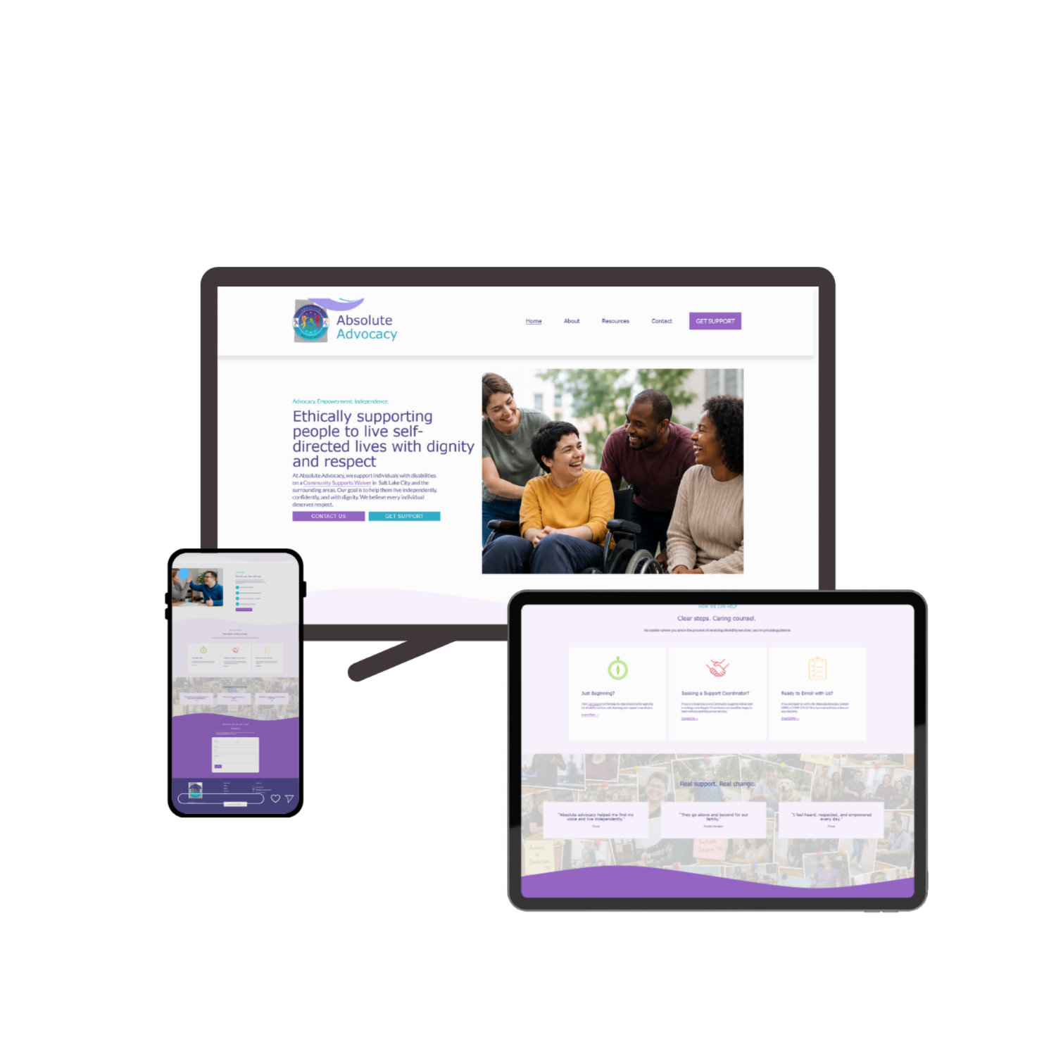 A website mockup of the website for Absolute Advocacy features shots of the home page on a computer, tablet, and a phone