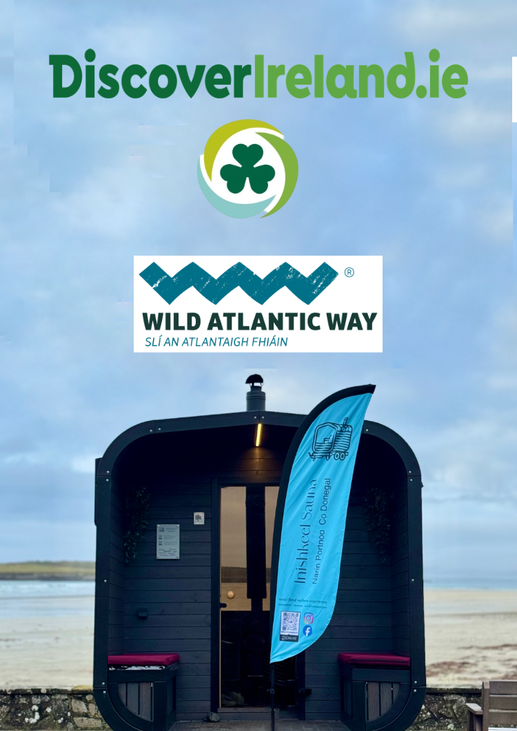 DiscoveryIreland.ie Listing.   For relaxation, recovery and social connection, visit Inishkeel Sauna for a wood fired wellness experience by the sea at Narin Strand, Portnoo, County Donegal.