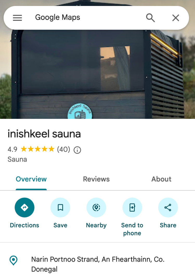 Find us on Google Maps for directions, opening hours, reviews, and the latest updates before your visit to Inishkeel Sauna.