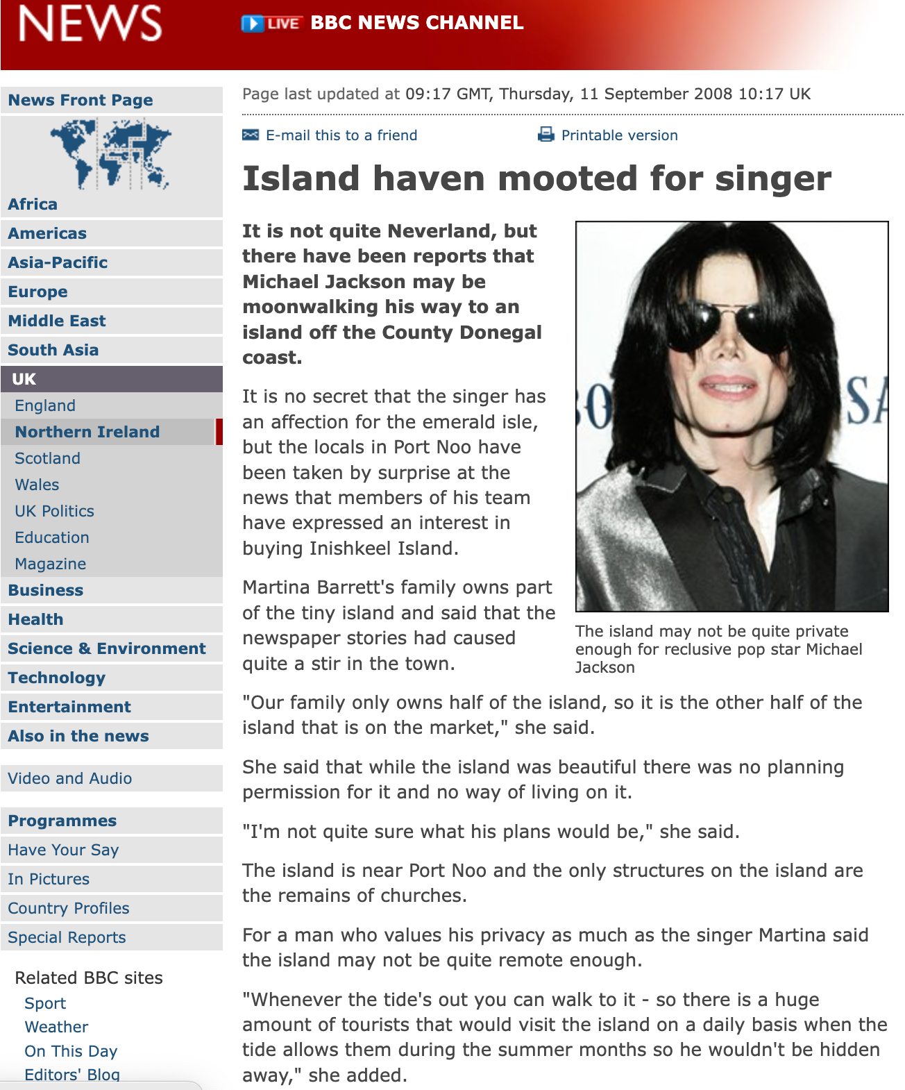 A screenshot of a BBC News article titled 'Island haven mooted for singer,' featuring a portrait of Michael Jackson in sunglasses and a black suit.