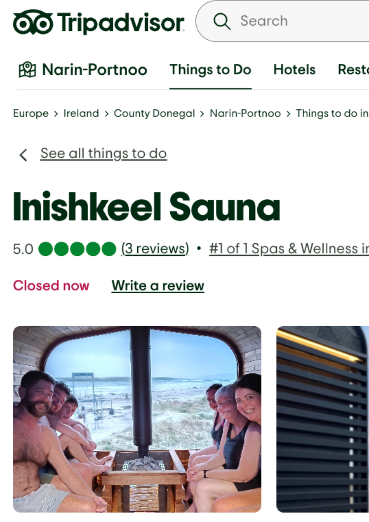 Check us out on TripAdvisor to read guest reviews, see visitor photos, and discover why Inishkeel Sauna is becoming one of Donegal’s must-visit wellness experiences.