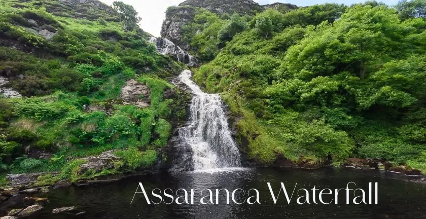 Assaranca Waterfall is one of Donegal’s most scenic roadside stops, where cascading mountain water tumbles dramatically through the rocks just moments from the Wild Atlantic coastline. Surrounded by rugged hills and nearby beaches, the waterfall has 