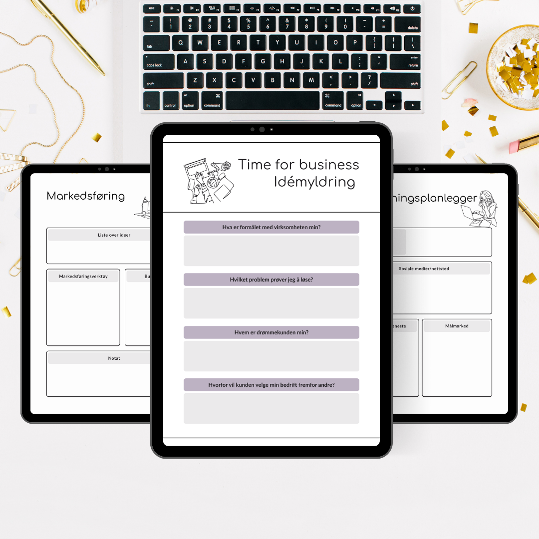 Digitale arbeidsverktøy og planleggingsdokumenter for forretningsidéutvikling på ett hvit skrivebord med gullpenner og pynt.