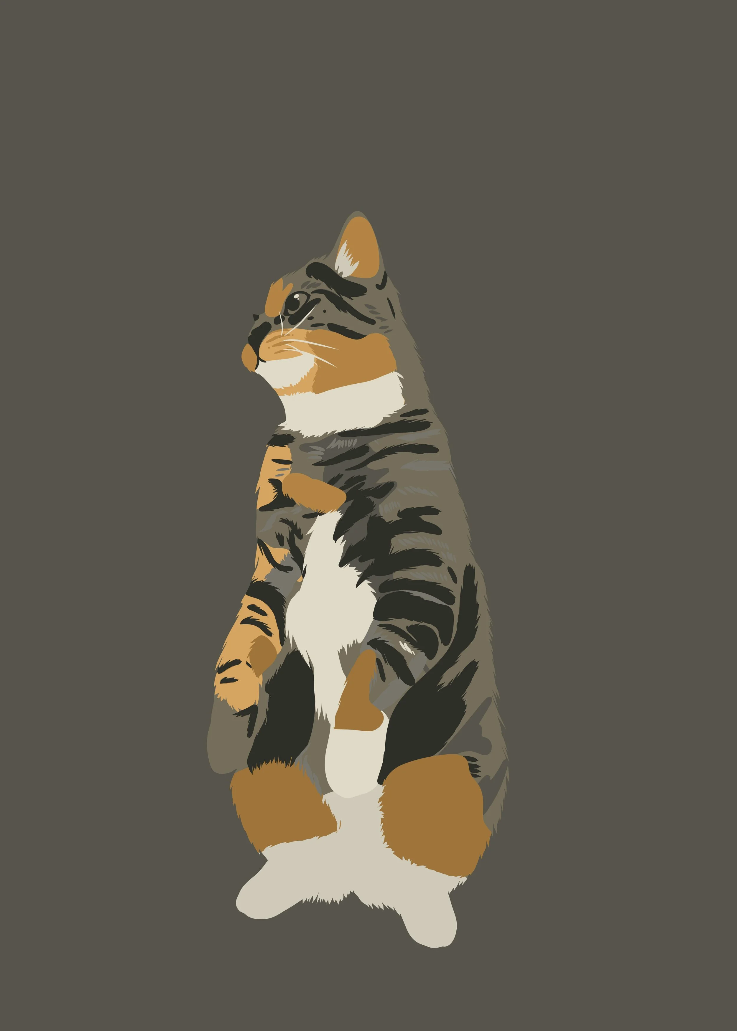 Digital illustrasjon av en katt som sitter oppreist mot en mørk bakgrunn.
