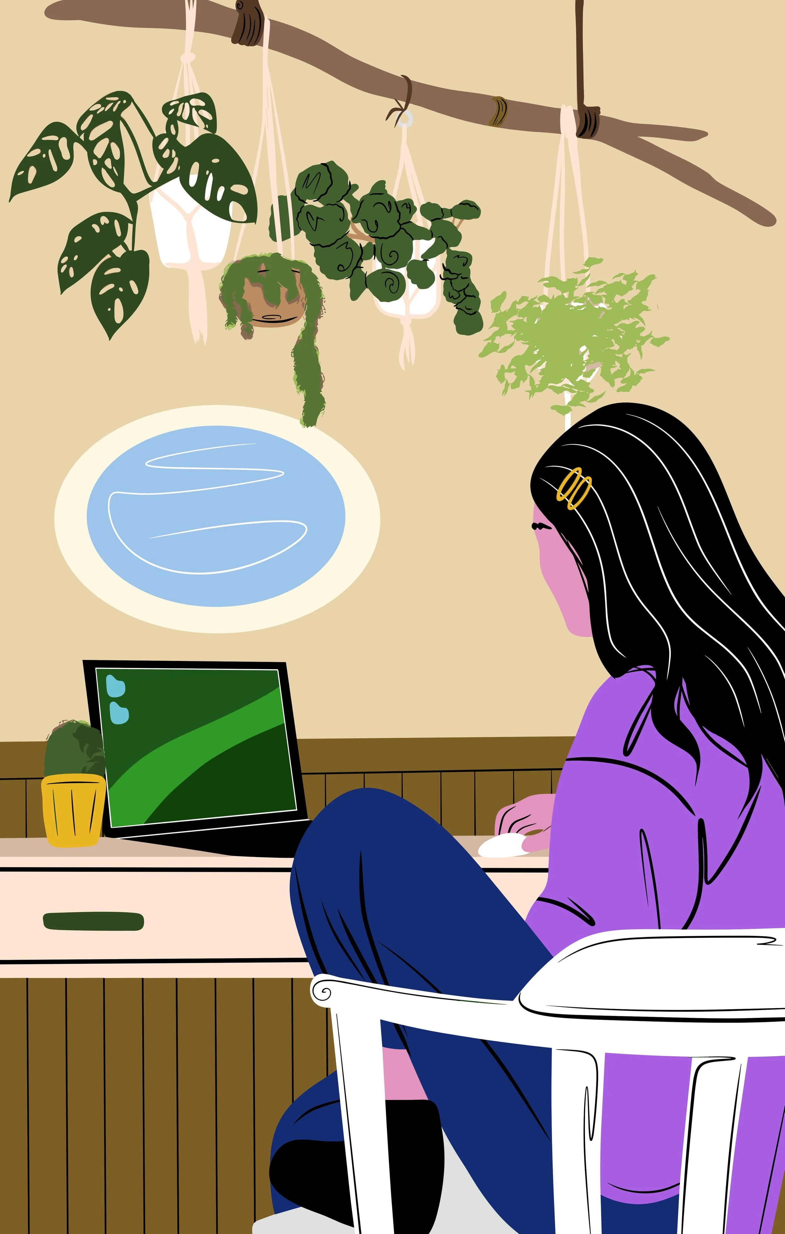 En person med langt svart hår, iført lilla genser og blå bukser, sitter ved et skrivebord med en åpen bærbar PC, omgitt av grønne planter og en liten dam eller innsjø på veggen.
