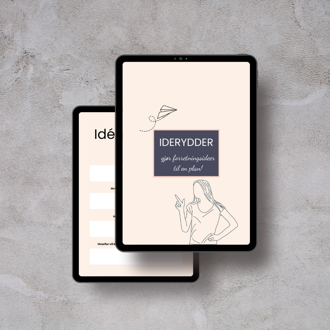 Skjermbilder av en digital plakat og en skjema app med tittelen «IDÉYDDER» som hjelper med forretningsidéer til en plan, med en illustrasjon av en kvinnelig person.