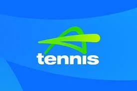 Tennis logo with a stylized green tennis ball and the word 'tennis' on a blue background