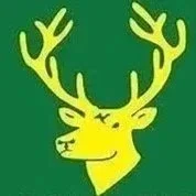 Illustration of a yellow reindeer's head with antlers on a green background.
