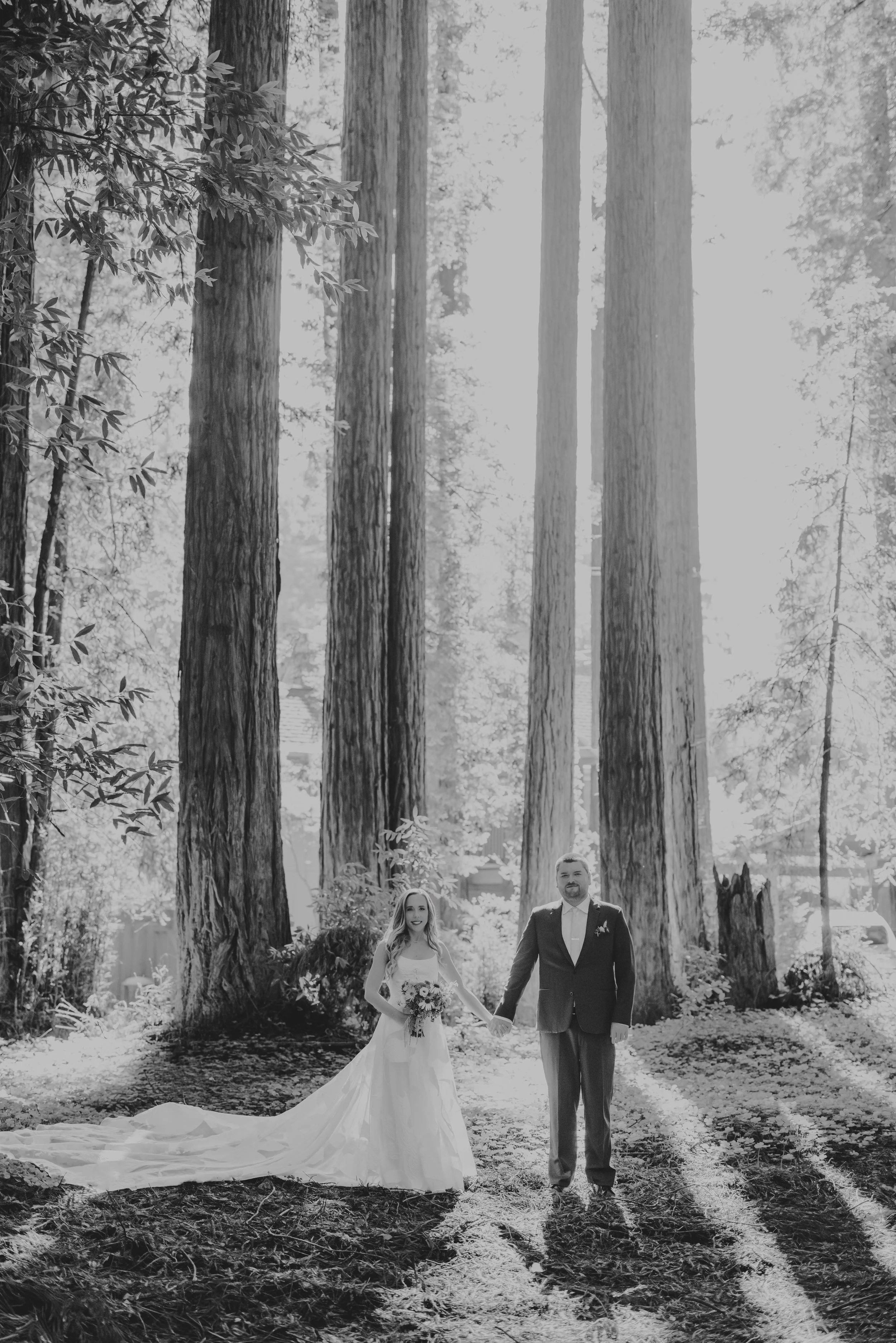 A bride and groom holding hands in a forest, sunlight filtering through tall trees, the bride in a wedding dress with a long train, holding a bouquet.