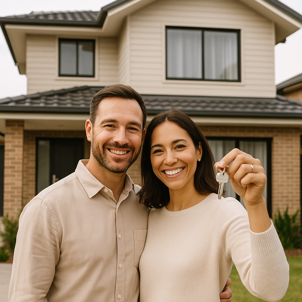 Happy couple standing in front of a house, holding up a key and smiling.