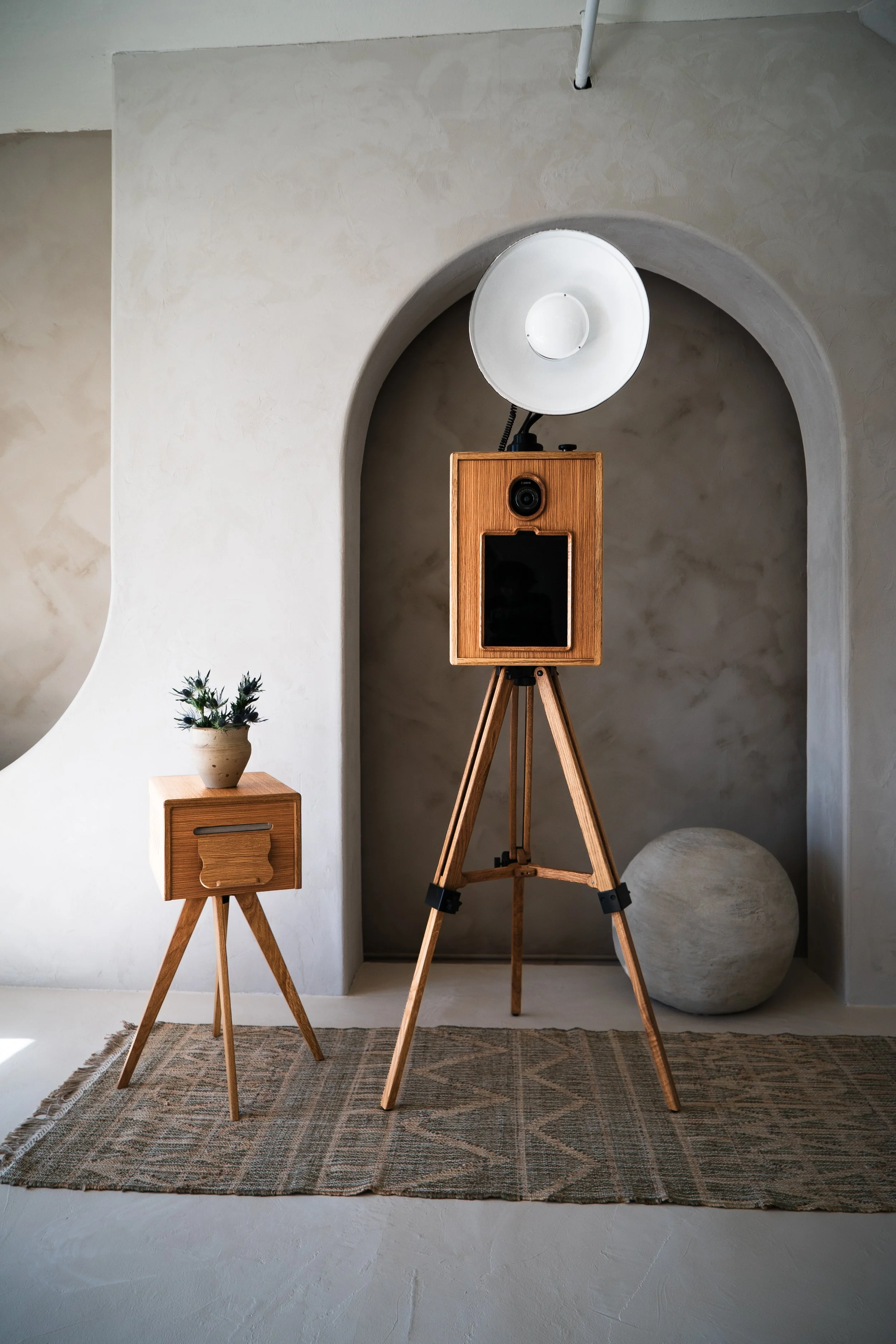 A vintage camera with a large studio flash on a tripod in a minimalist room, with a small wooden side table holding a potted plant, a textured rug, and a large round stone in the background.