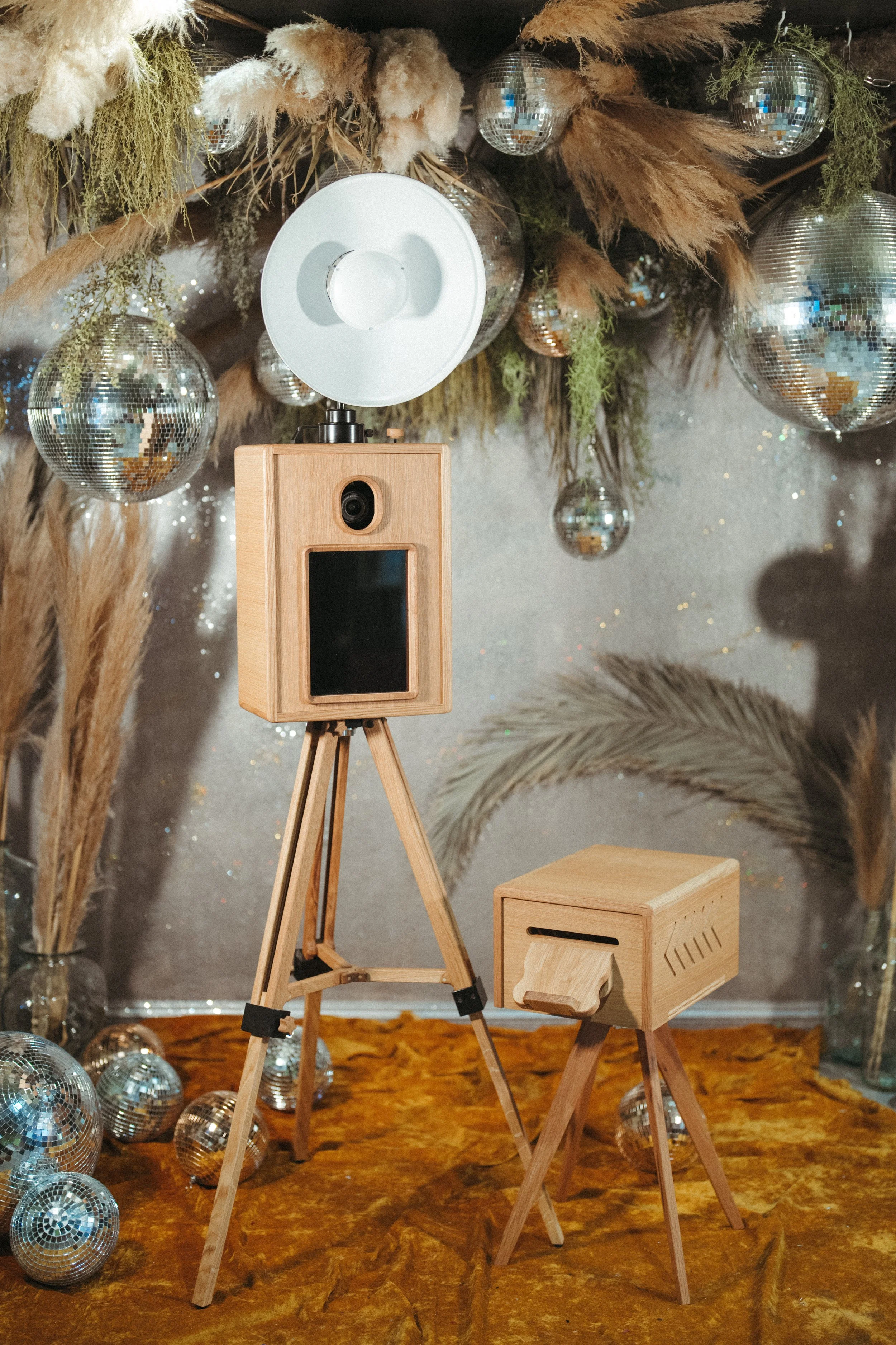 Decorative scene with wooden camera and printer on tripods, surrounded by disco balls, dried plants, and pampas grass, on a gold-colored surface.
