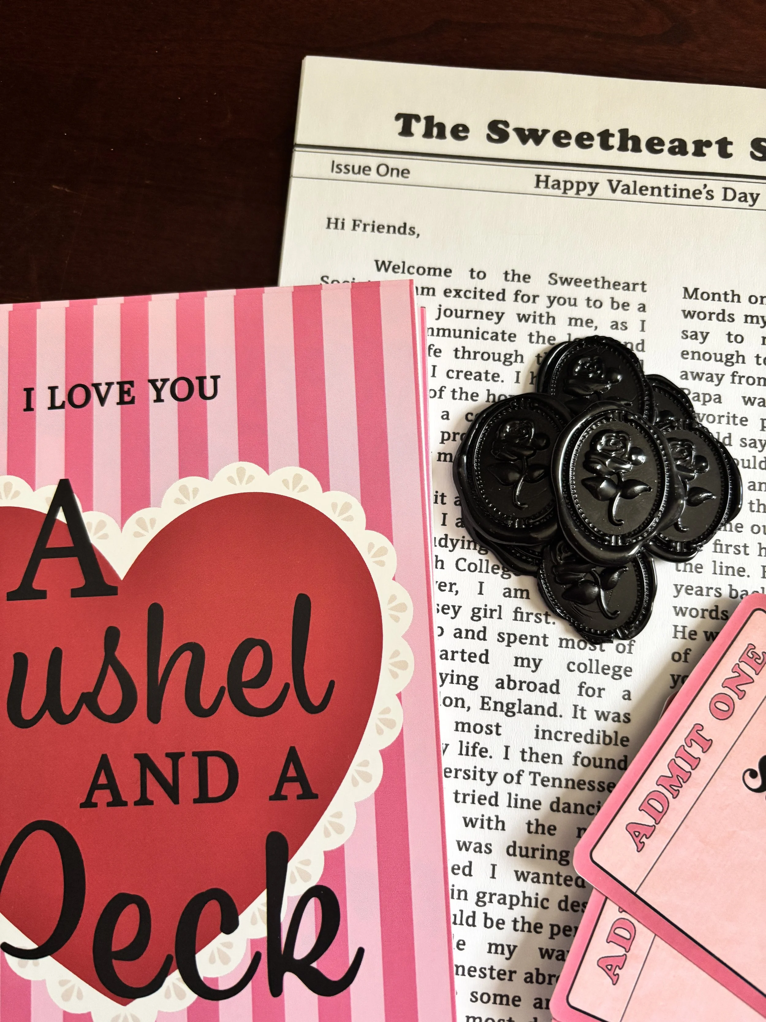 Close up photo of the February send out of The Sweetheart Society Mail Club